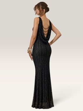 Joseph Ribkoff Lace & Chain Cowl-Back Evening Gown Gala Red Carpet 8